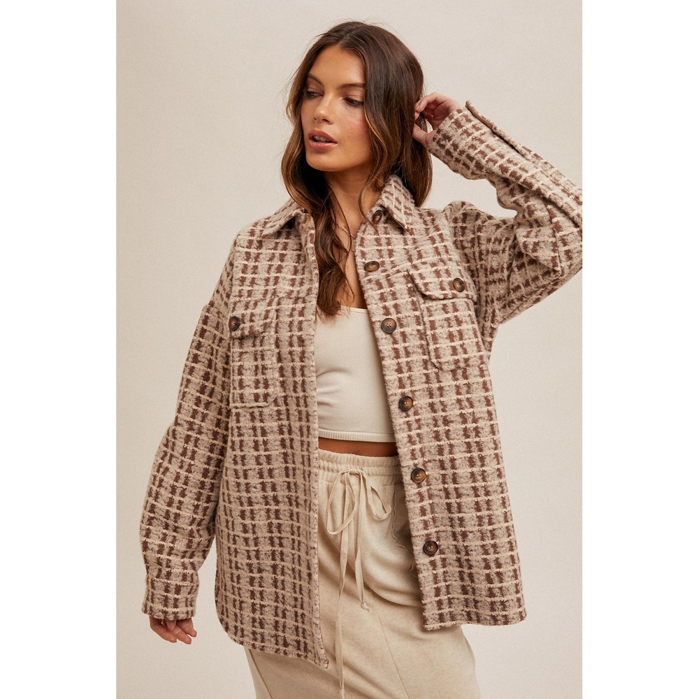 Hem & Thread Boucle Checkered Shacket Jacket Brown Beige Large NEW